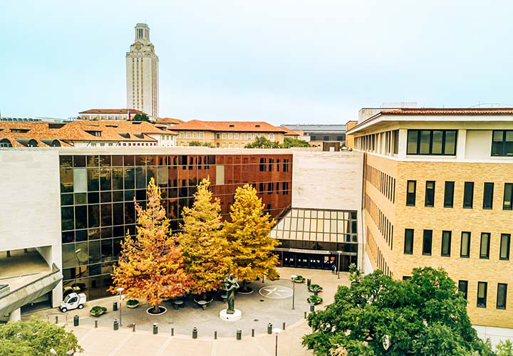 Overhead view of fall trees and McCombs family statue in front of GSB building