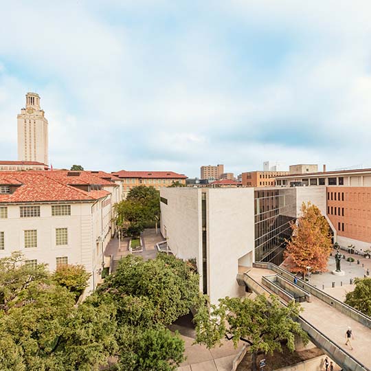 Overhead view of GSB building against a blue sky