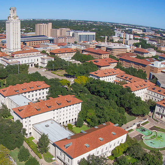 Aerial view of University of Texas tower and campus