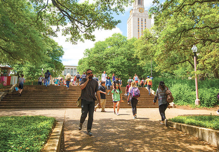 Students walk through University of Texas campus