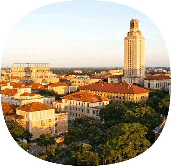 Aerial view of the University of Texas campus buildings and campus grounds.