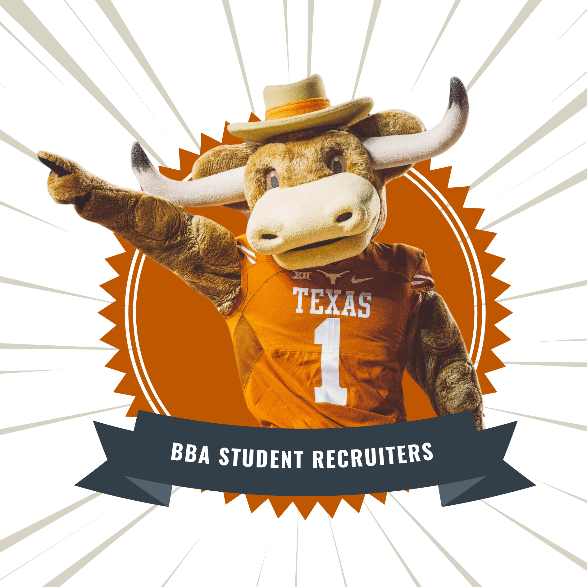 Graphic of Hook 'Em pointing out to the distance with a banner that reads,