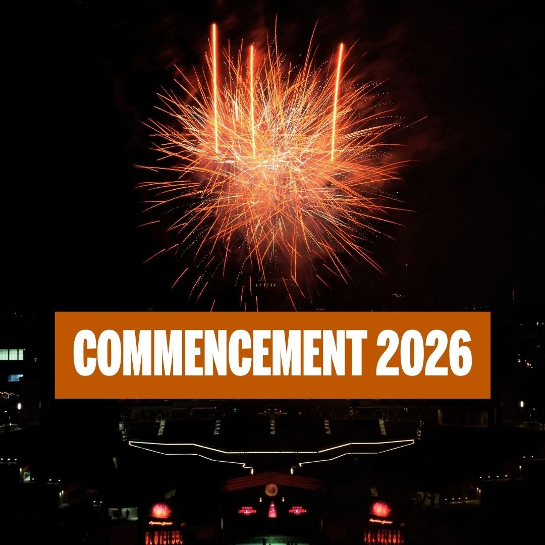Image with orange fireworks and text that says Commencement 2026
